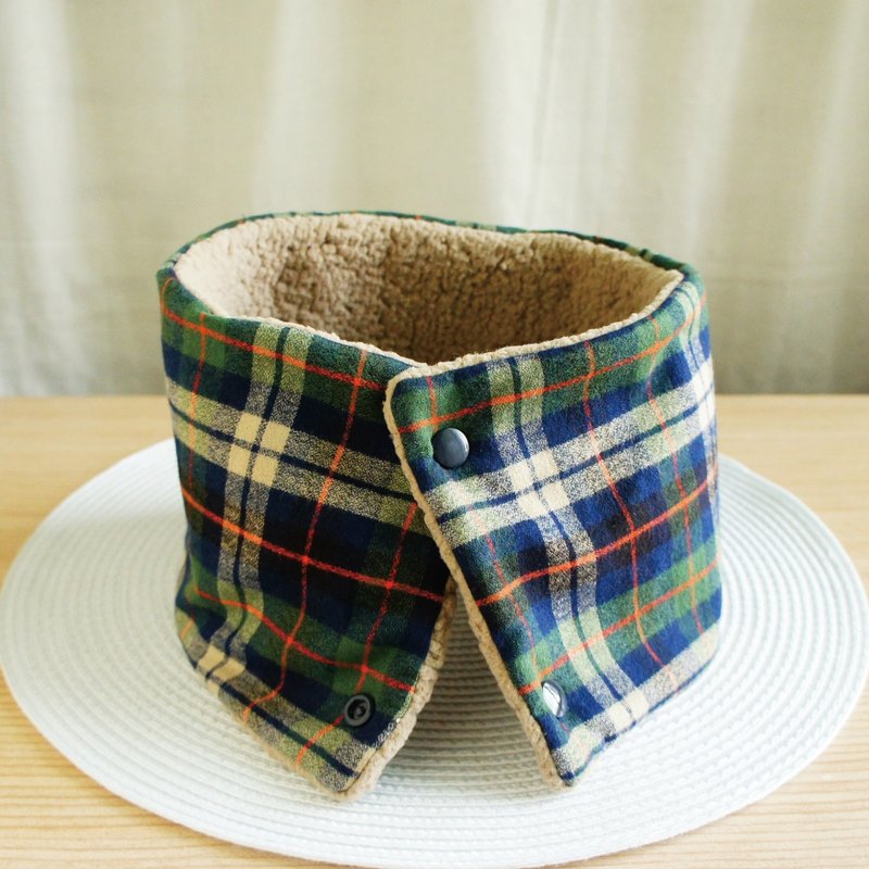 Lovely【日本布】学院风格纹刷毛羔羊绒围脖短围巾、深蓝驼 - 围巾/披肩 - 棉．麻 蓝色