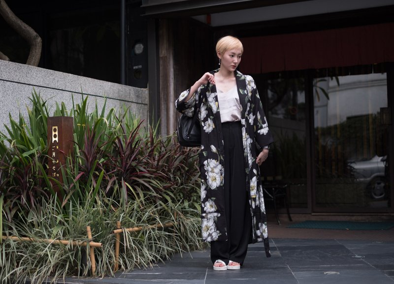 福.印花宽袖长浴衣 - 背带裤/连体裤 - 聚酯纤维 黑色