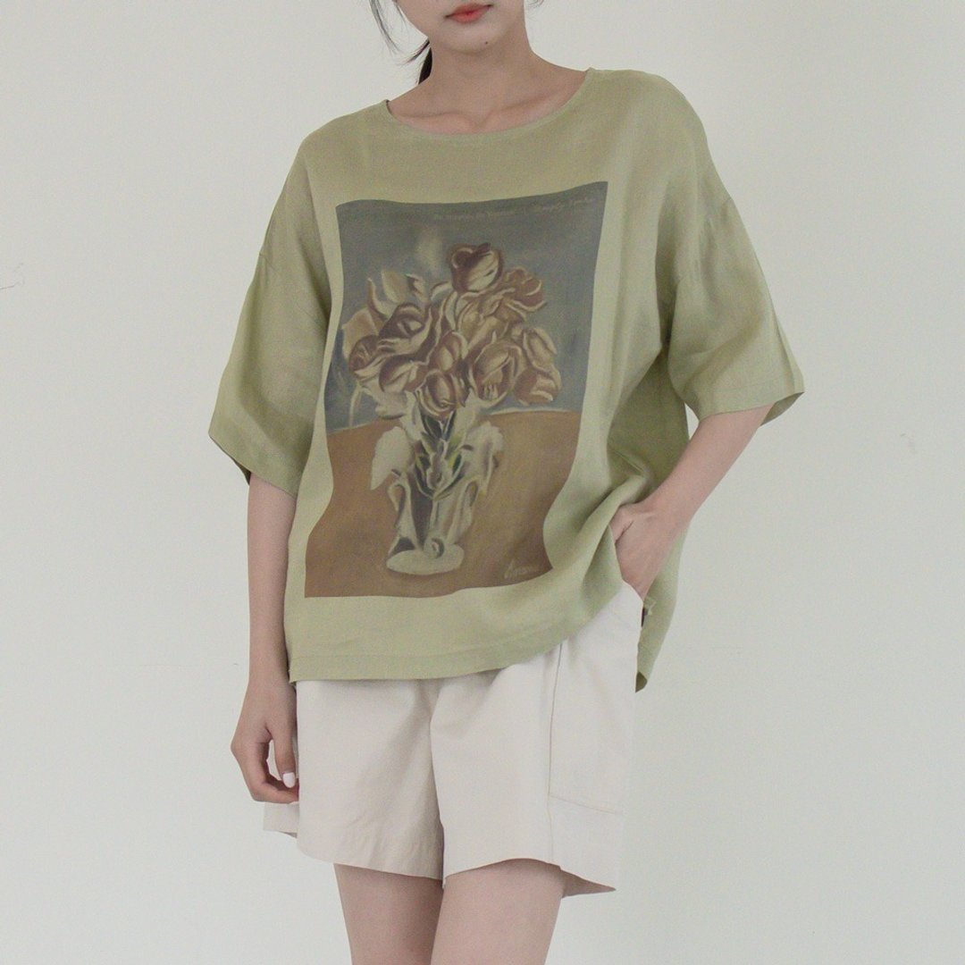 亚麻圆领印画 T ( 花儿 ) 绿 F - 女装 T 恤 - 棉 绿色