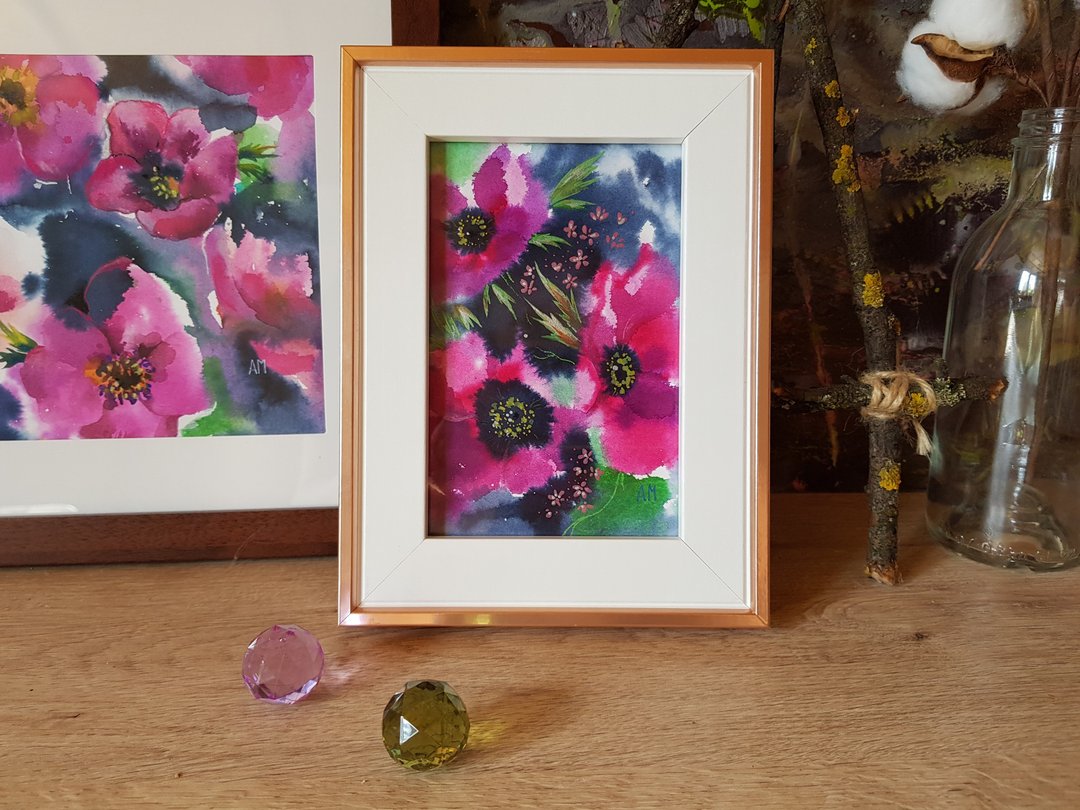 Small original Anemone flower artwork hand painted  mixed technique framed - 墙贴/壁贴 - 其他材质 