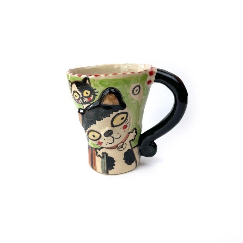 Nice Little Clay 手工铃铛杯 可爱猫 0101-160 - 咖啡杯/马克杯 - 陶 白色