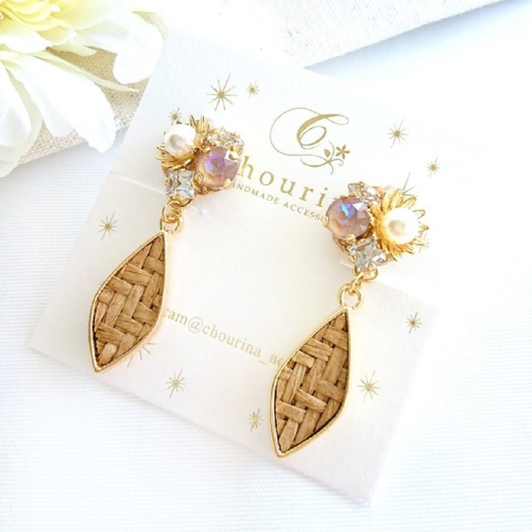 Bijou flower and rattan Clip-On, earrings (Brown) - 耳环/耳夹 - 其他金属 咖啡色