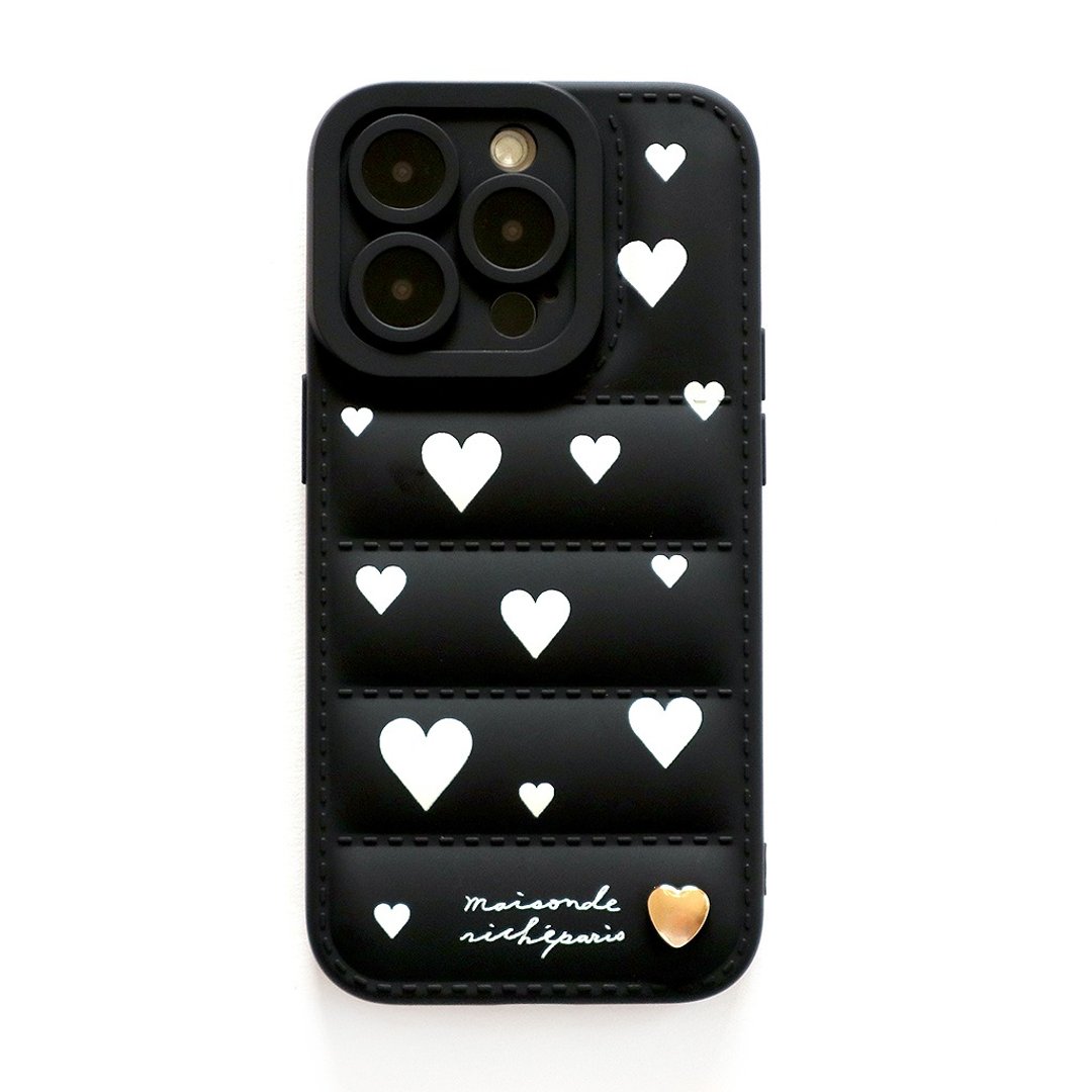 iPhone 15/14 法式黑羽绒立体金色爱心手机壳 - 手机壳/手机套 - 塑料 黑色
