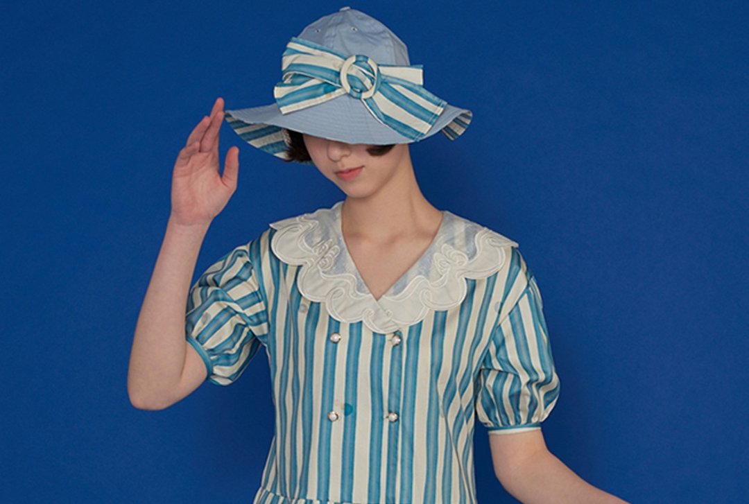 歐式復古 海岛蝴蝶结少女条纹大檐遮阳帽子 - 帽子 - 其他材质 蓝色
