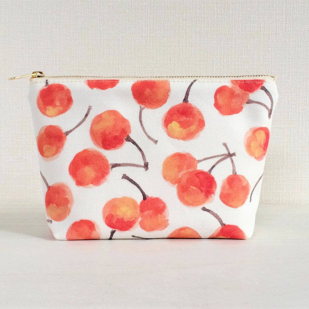 Fruit garden gusset pouch cherries - 化妆包/杂物包 - 棉 橘色