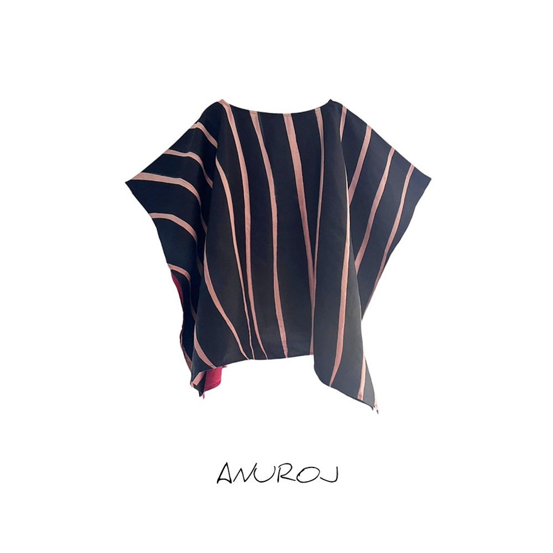 Poncho Linen Silk Blouse Hand paint For Summer Beach Vacatio - 女装上衣 - 丝．绢 黑色