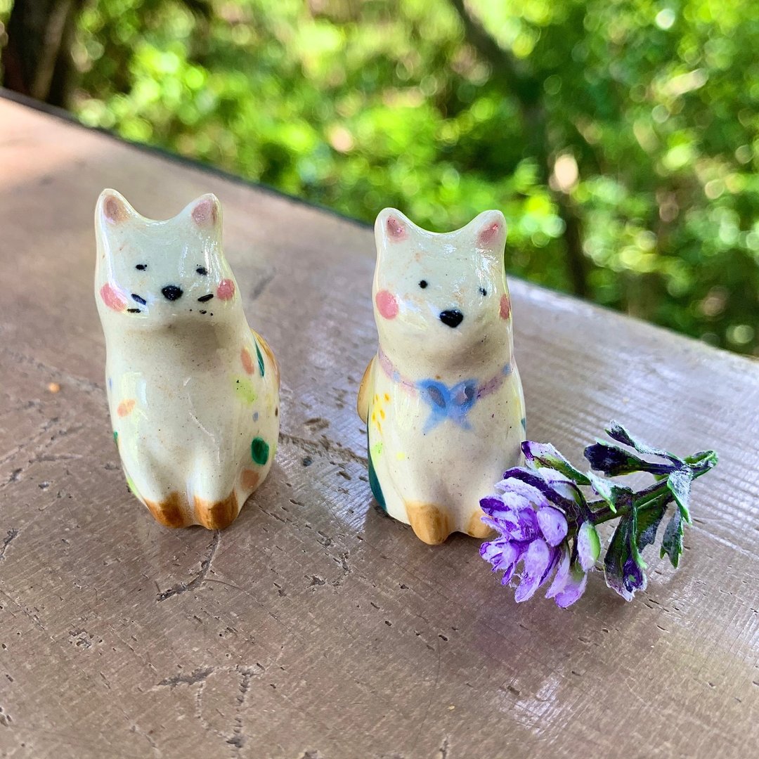 两只小猫手做手绘陶迷你小花器 (只有一组) - 花瓶/陶器 - 陶 多色