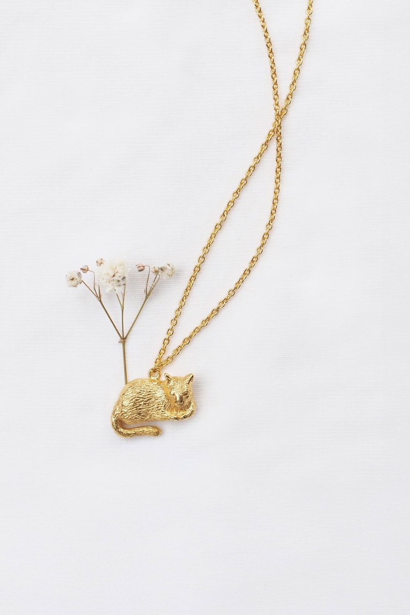 猫咪的梦境 坠饰项链，925纯银猫咪造型吊饰项链。 - 项链 - 纯银 金色