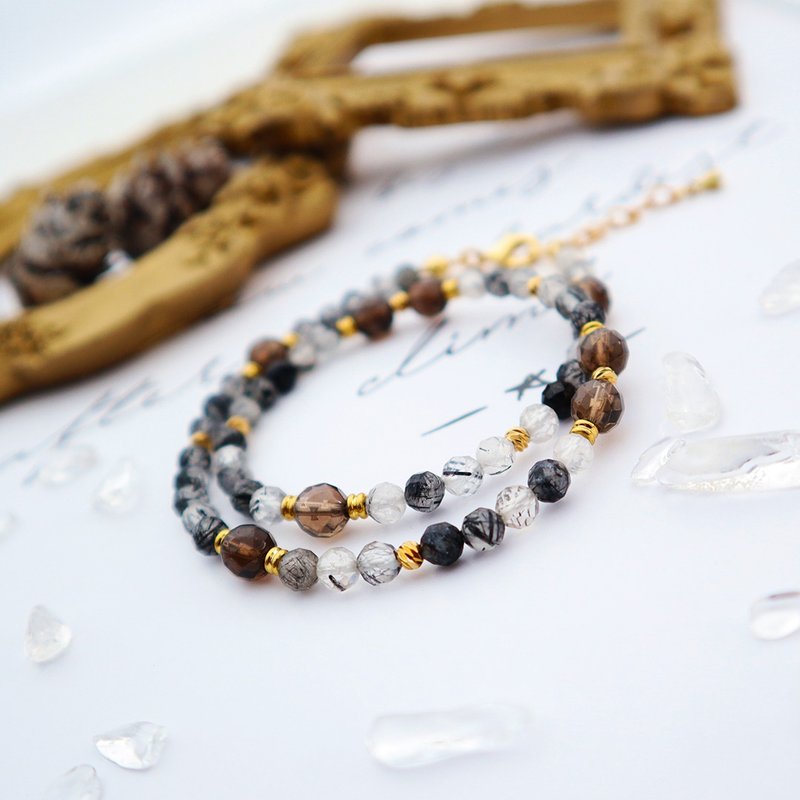 创伤疗愈/避邪防小人│黑发晶- 茶晶│黄铜 双圈 扣环式 手链 - 手链/手环 - 水晶 黑色