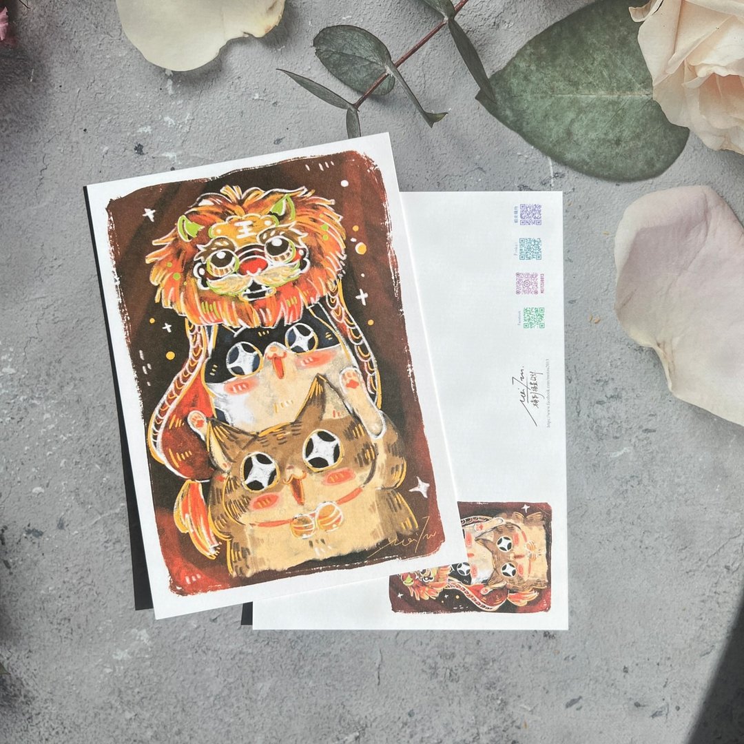 新年猫咪舞狮明信片 - 卡片/明信片 - 纸 红色