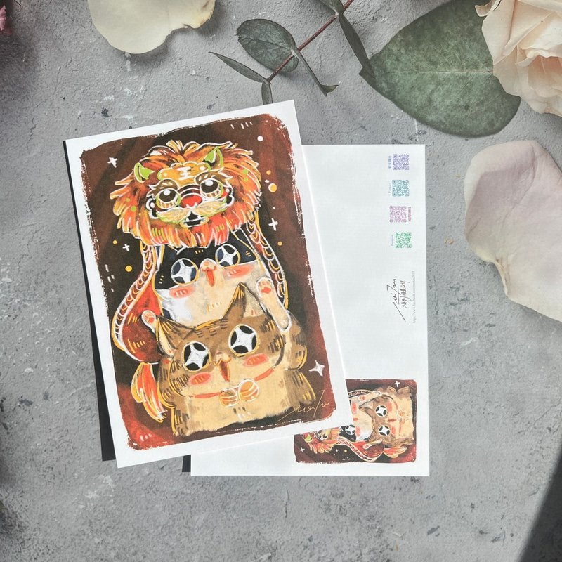 新年猫咪舞狮明信片 - 卡片/明信片 - 纸 红色