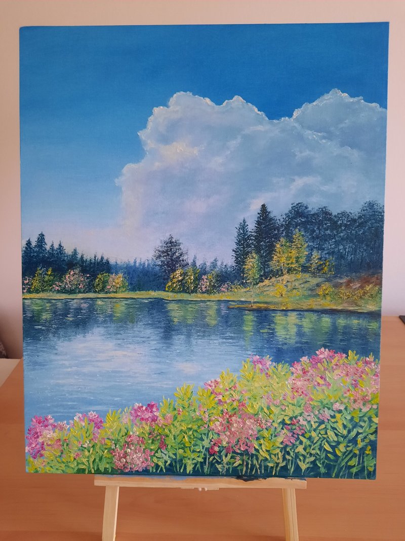 夏日风情原创油画：田园湖景与粉色花卉 - 墙贴/壁贴 - 其他材质 