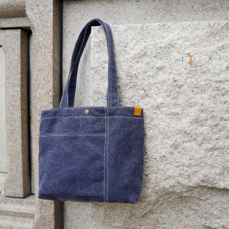 日式设计质感车线托特包M /台湾帆布/手提托特 #水洗牛仔蓝 - 侧背包/斜挎包 - 棉．麻 蓝色