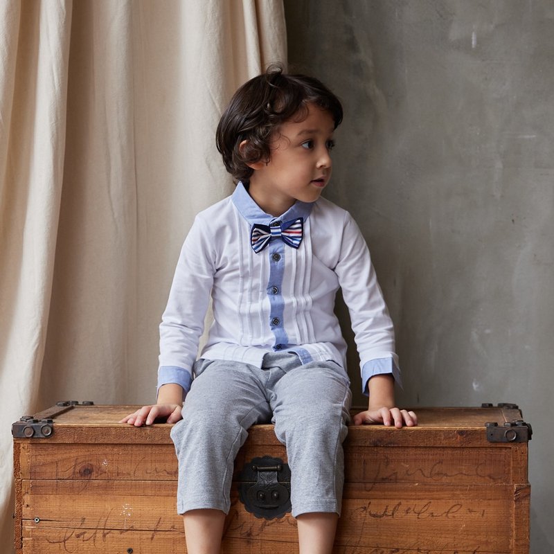 Charles系列白色长衬衫领结裤子组 - 童装礼服/连衣裙 - 棉．麻 白色