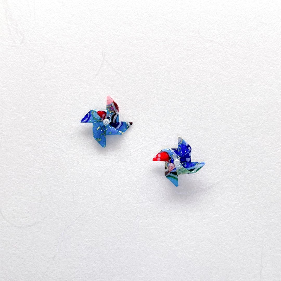 Chearrings | Origami 日本和纸 手工折纸 风车耳环 | 款式 W001 - 耳环/耳夹 - 纸 蓝色