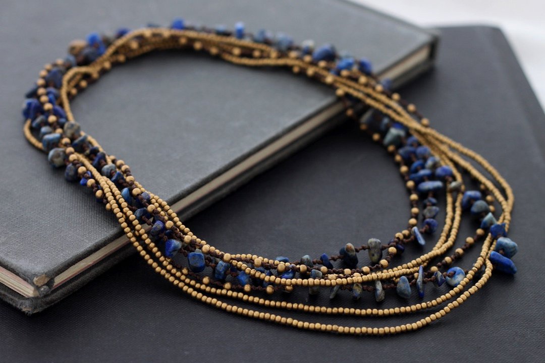 Lapis lazuli黄铜编织长裹项链多股嬉皮波西米亚风 - 项链 - 半宝石 蓝色