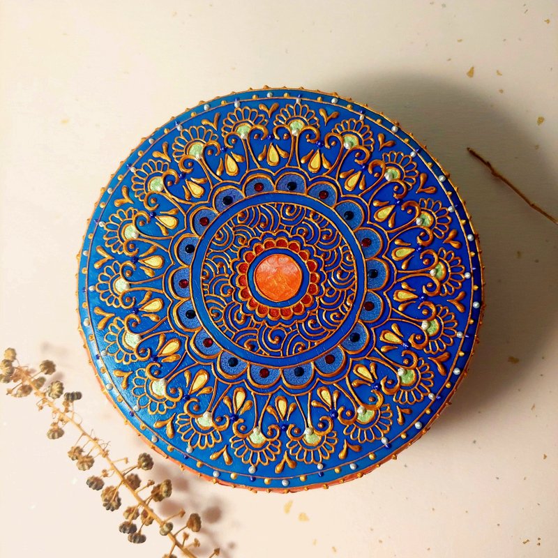 手工彩绘雕花圆形木盒/HENNA/曼陀罗/民族风 - 摆饰 - 木头 蓝色