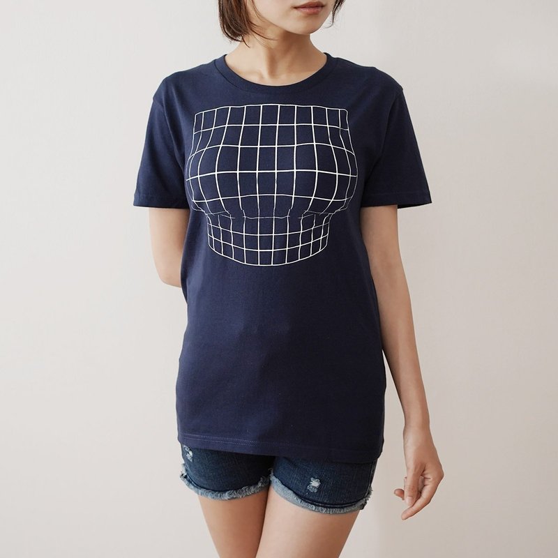 Mousou Mapping T-shirt/ Illusion grid/ Navy (Night blue) - 女装 T 恤 - 棉．麻 蓝色