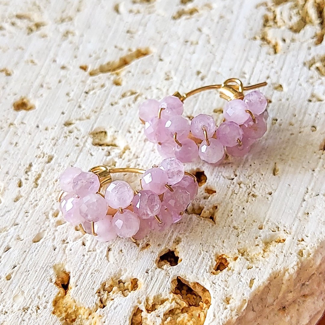 14kgf Kunzite pave pierced earrings / clip on - 耳环/耳夹 - 宝石 粉红色