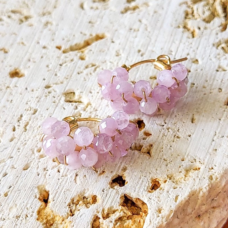 14kgf Kunzite pave pierced earrings / clip on - 耳环/耳夹 - 宝石 粉红色