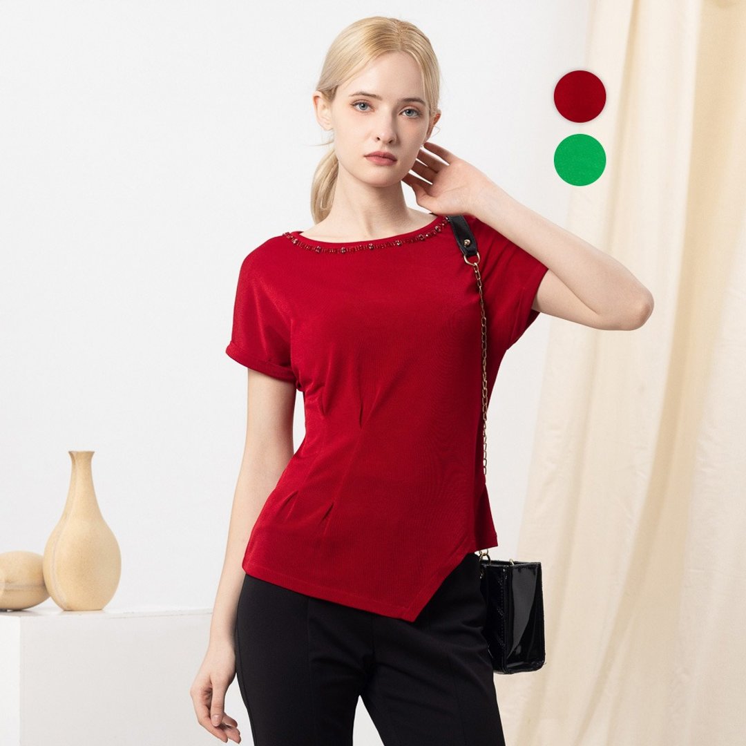 【MEDUSA】压褶垂坠感不规则下摆上衣 - 2色(M-XL) | 女休闲上衣 - 女装上衣 - 其他人造纤维 红色