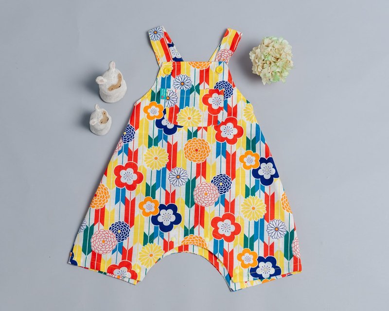 包屁松紧吊带(短)裤-和风18 包屁 连身 婴幼 弥月礼 短裤 防蚊 - 童装裤 - 棉．麻 红色