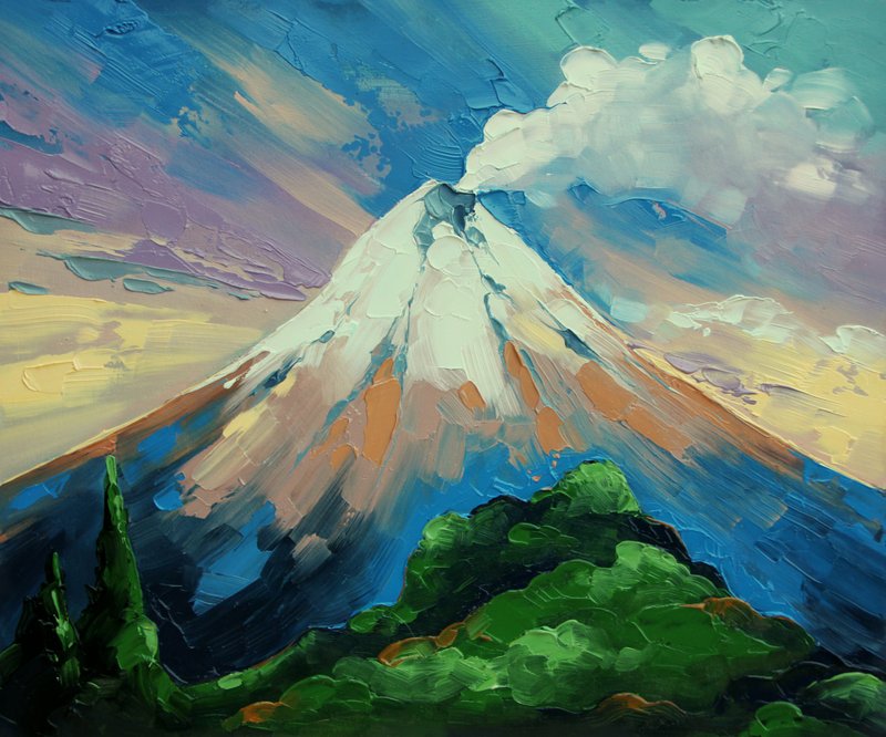 Volcano Orizaba Painting Mexico Original Art Mountain landscape Mexican Wall Art - 海报/装饰画/版画 - 其他材质 绿色