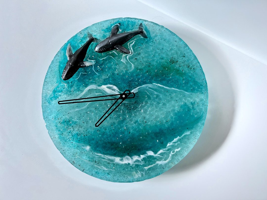 Aizen Beach wall clock, resin ocean clock with sea shell 壁飾 掛鐘 藍染 女 禮物 入厝禮物 - 时钟/闹钟 - 树脂 蓝色