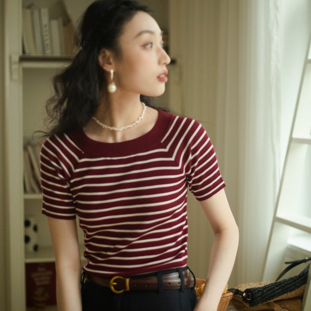 安妮陈莱赛尔桑蚕丝条纹针织T恤女2025新款修身显瘦时尚洋气短袖 - 女装 T 恤 - 其他材质 多色
