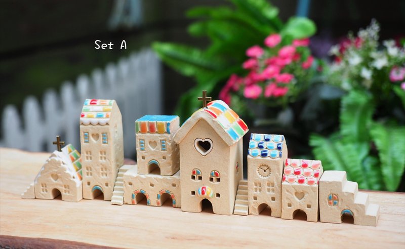 欧洲彩绘糖果小屋11件组/AB两款-糖果教堂x1+小房子x7+迷你楼梯x3 - 摆饰 - 陶 