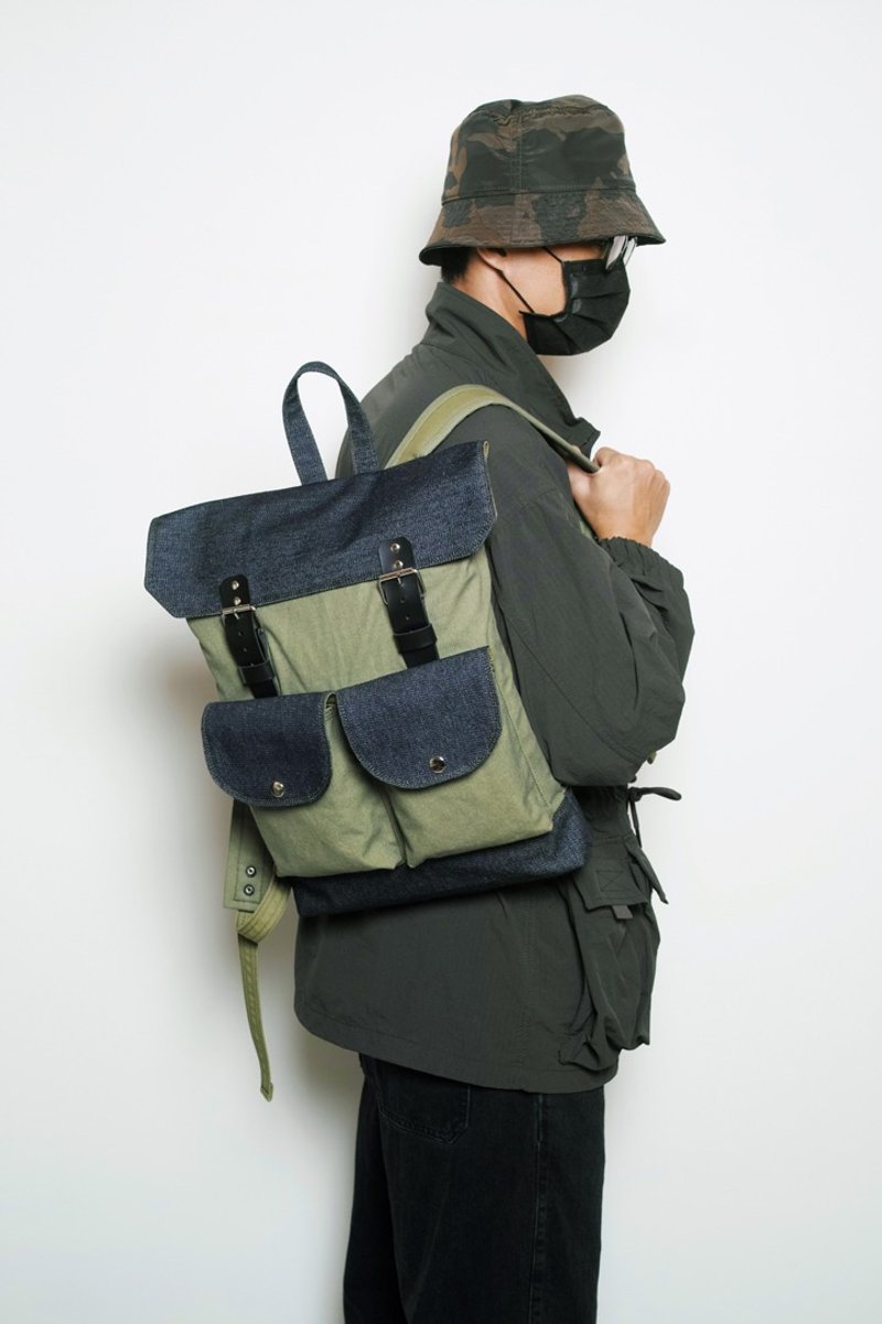 开学季 FIGHTER-真皮军绿纯棉丹宁帆布掀盖式后背/笔电包 - 后背包/双肩包 - 棉．麻 绿色