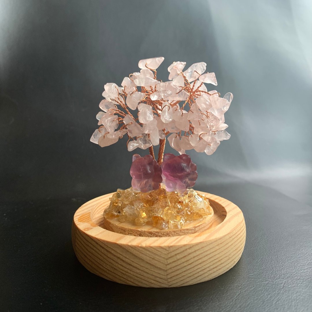 桃花 天然 粉晶树 九尾狐  狐仙 萤石 人缘 开运小物 水晶树 桌上 - 摆饰 - 水晶 粉红色
