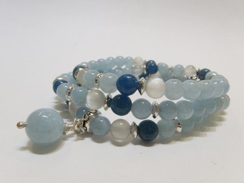 《黎明的渴采》- 天然海蓝宝@亚柏堤@月光石三圈纯银手链  香港原创设计 - 手链/手环 - 宝石 蓝色