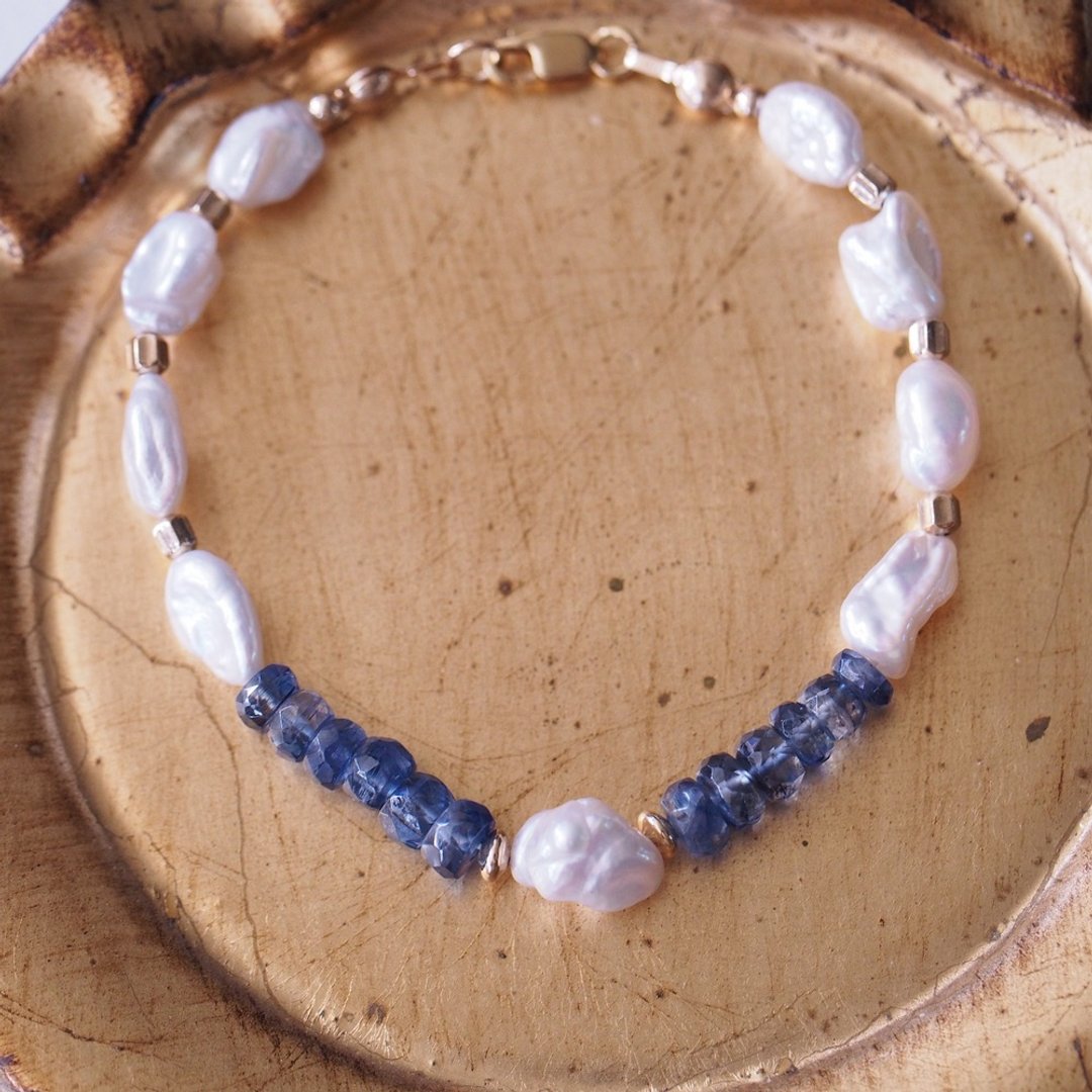 巴洛克珍珠 蓝晶石 14KGF 手环 Baroque Peal Kyanite Bracelet - 手链/手环 - 珍珠 