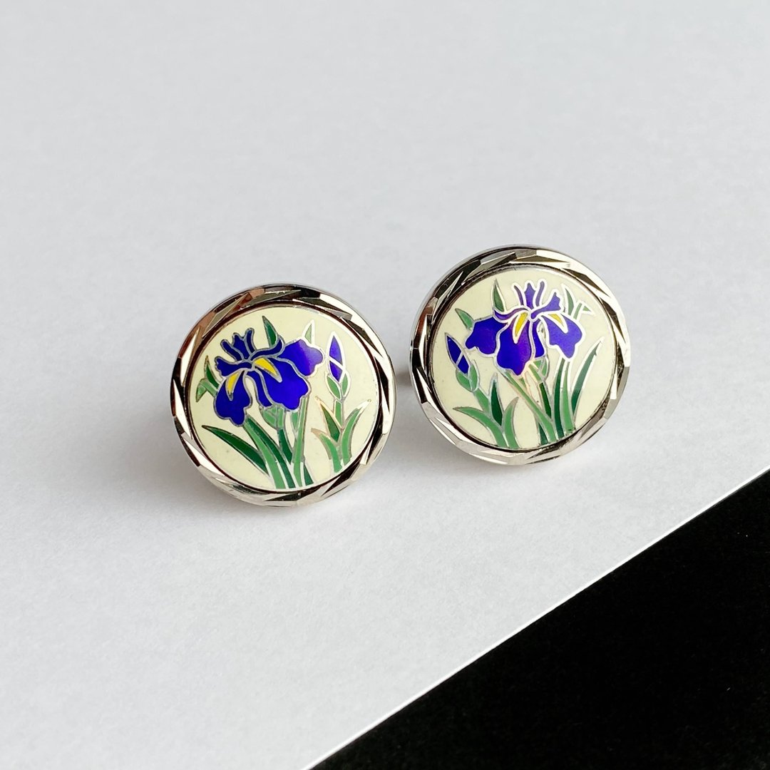 银燕子花【Cream】景泰蓝袖扣（Cufflinks） 纯银掐丝景泰蓝 银制金属配件 - 袖扣 - 银 白色