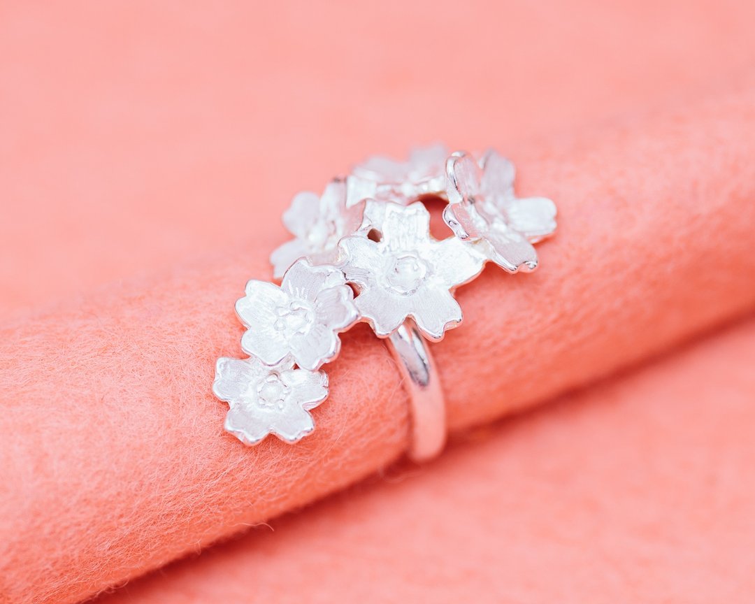 Sakura silver ring - Japanese cherry blossom - adjustable ring - Sakura flowers - 戒指 - 银 银色