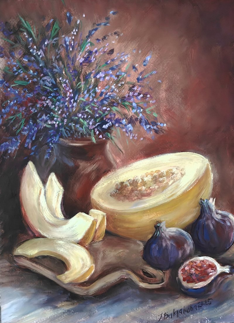 夏日水果静物画 八月之乐 甜瓜与薰衣草 原创画作 - 墙贴/壁贴 - 纸 咖啡色