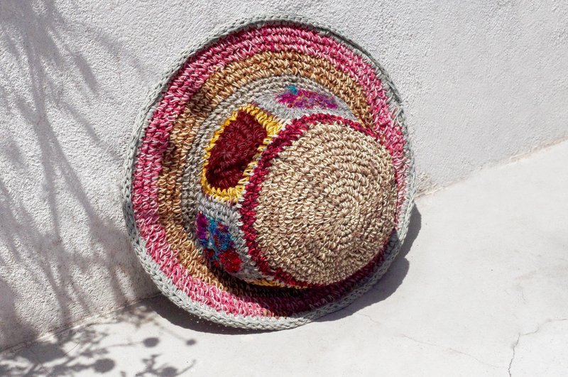 情人节礼物 限量一件 手工编织棉麻帽/编织帽/渔夫帽/草帽/草编帽 - 鲜艳色纱丽线 几何色块 - 帽子 - 棉．麻 多色