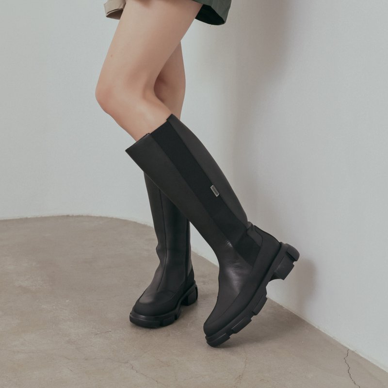 牛皮拼接-轮状厚底长靴-黑色 - 女款长靴 - 真皮 黑色