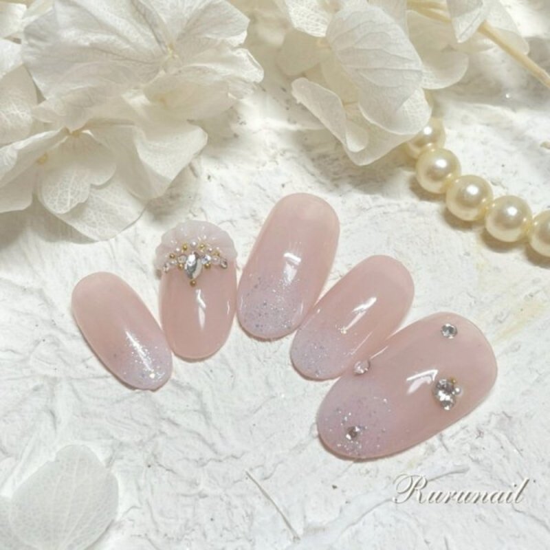 白色闪耀渐变荷叶边水钻新娘美甲片 - 指甲油/指甲贴 - 树脂 粉红色