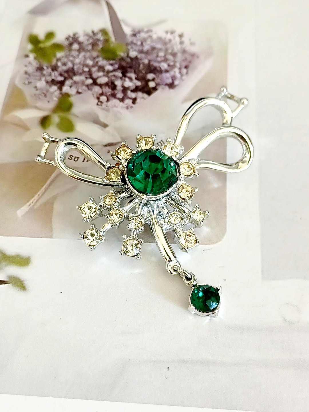 Avintage jewelry 华丽艳色绿莱茵花卉 项链 别针 - 项链 - 其他金属 