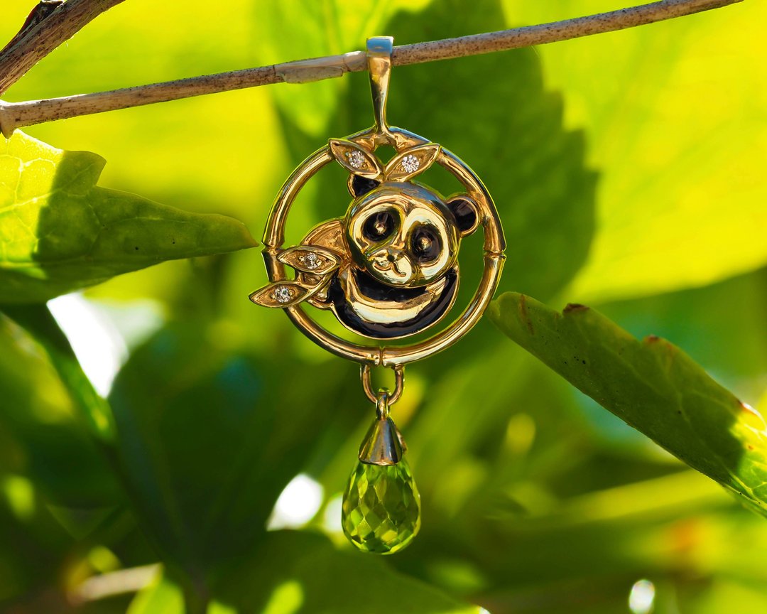 14k gold Koala Bear pendant with peridot and diamonds - 项链 - 贵金属 金色