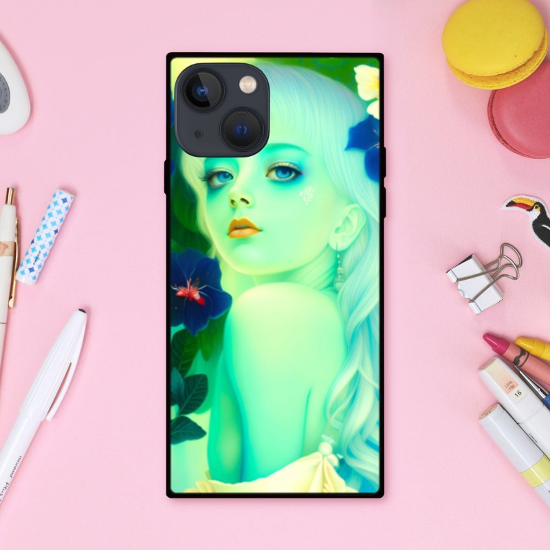 自然童话梦想可爱绿花痴女巫方形手机壳【强化玻璃饰面】兼容iPhone 16 - 手机壳/手机套 - 塑料 多色