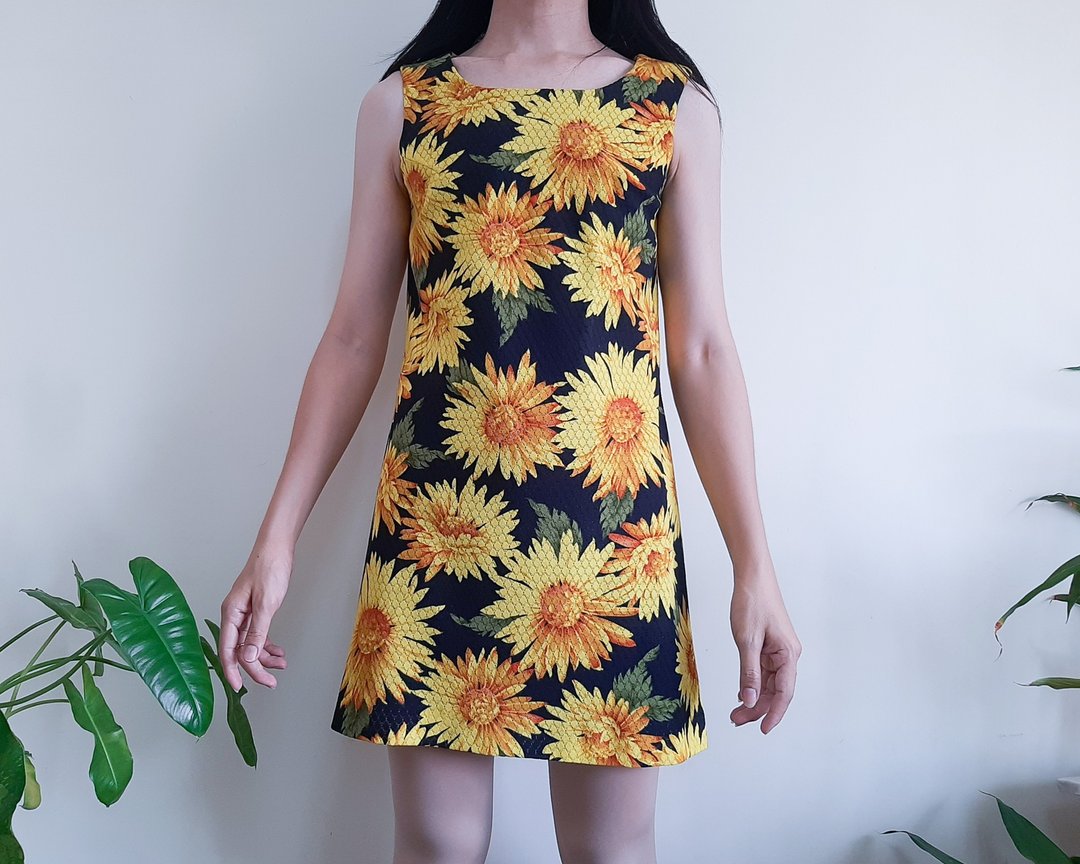 复古 60 年代 花卉蕾丝摩登迷你连衣裙 向日葵针织 - 洋装/连衣裙 - 聚酯纤维 黄色