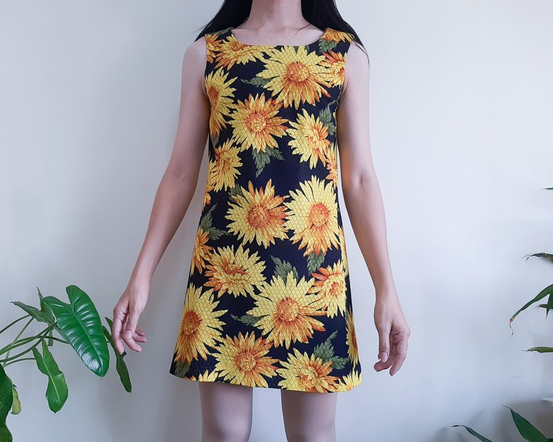 复古 60 年代 花卉蕾丝摩登迷你连衣裙 向日葵针织 - 洋装/连衣裙 - 聚酯纤维 黄色