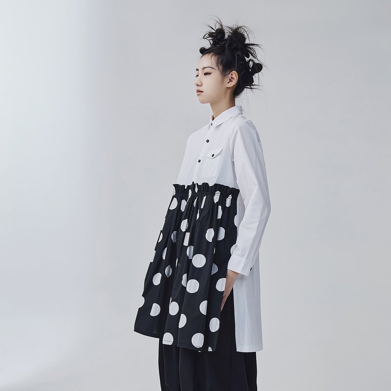 点点拼接长衬衫 - 女装衬衫 - 棉．麻 白色