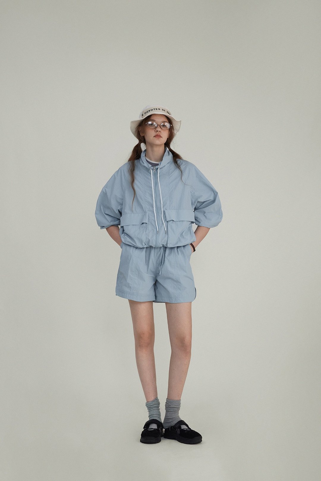 camping 户外感褶皱外套 短裤半裙套装 - 女装上衣 - 其他材质 蓝色