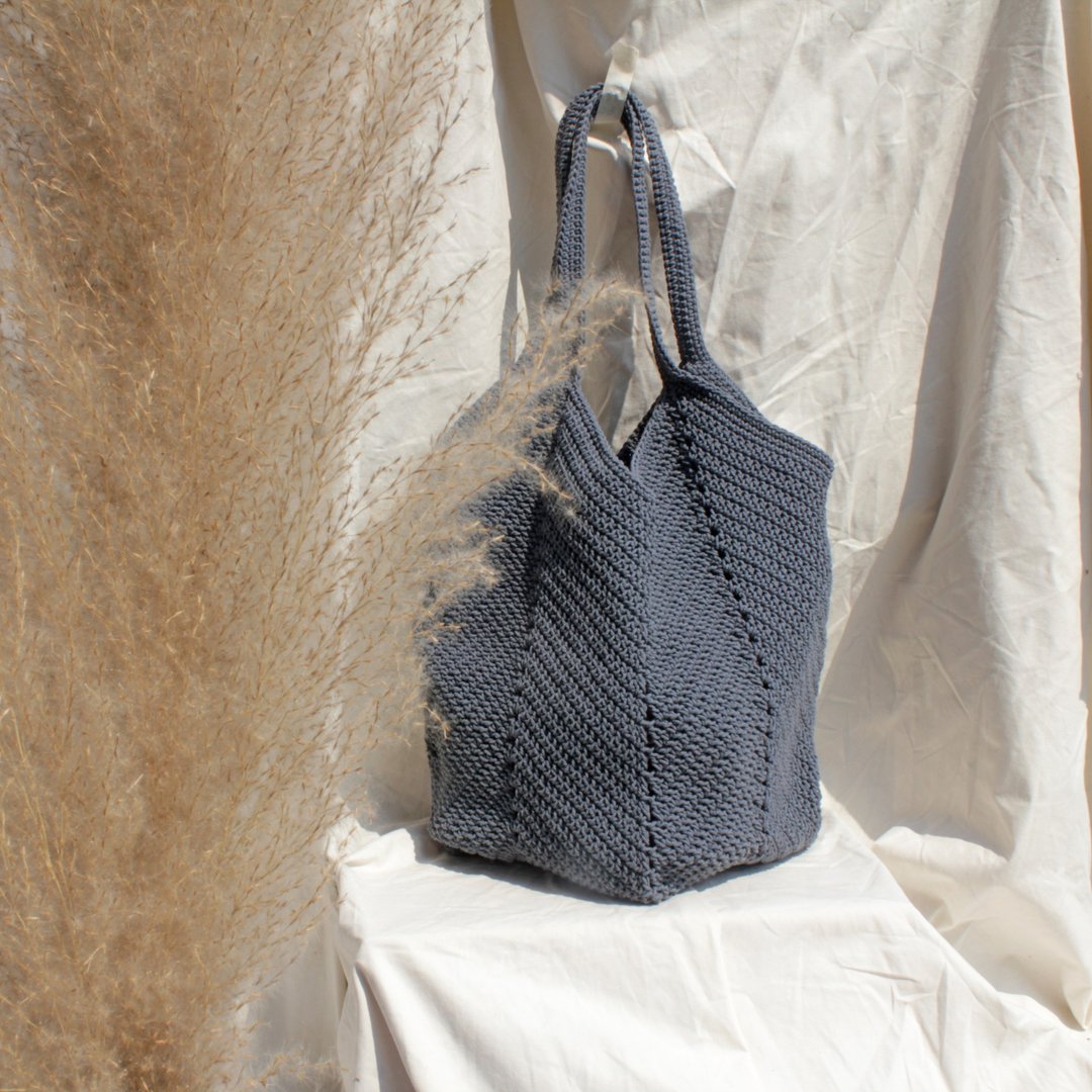 Dark Grey Crochet bag ,Tote bag ,Market bag ,Shopping bag - 侧背包/斜挎包 - 棉 灰色