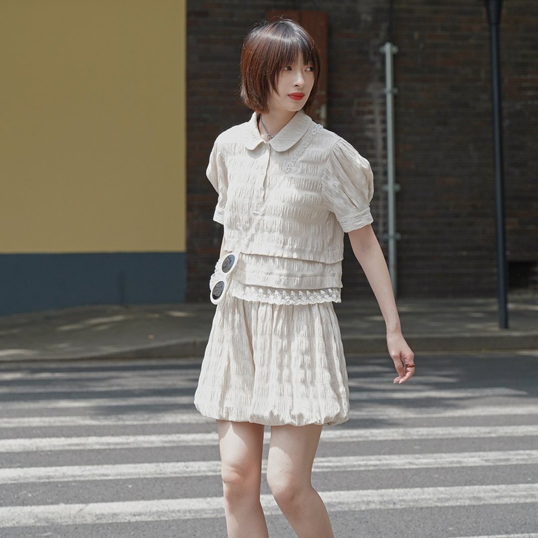宫廷风蕾丝拼接泡泡袖短衬衫|衬衫|夏款|涤纶|Sora-513 - 女装衬衫 - 其他人造纤维 