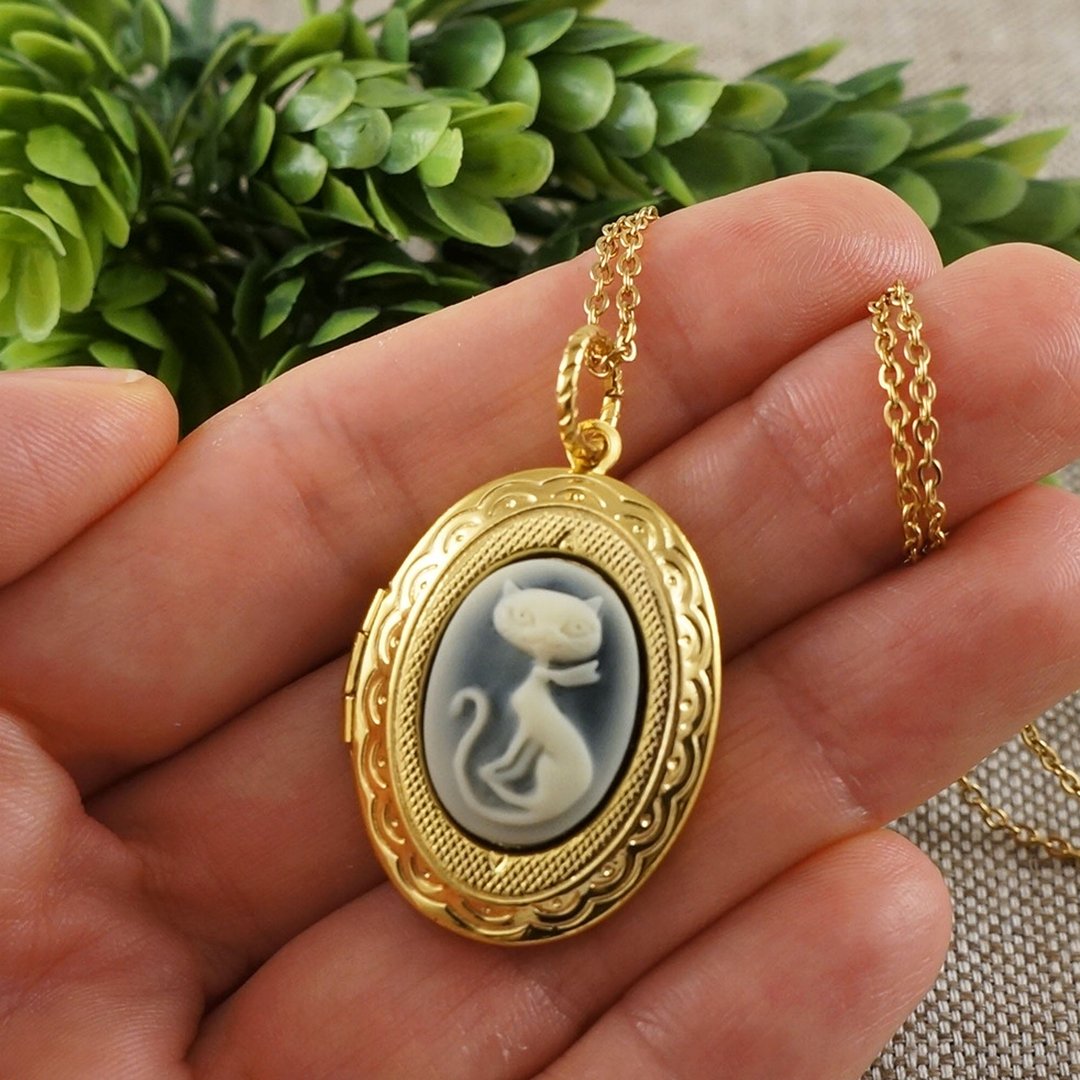 Ivory on Black Gray Cat Kitten Cameo Gold Photo Locket Pendant Necklace Jewelry - 项链 - 其他材质 金色